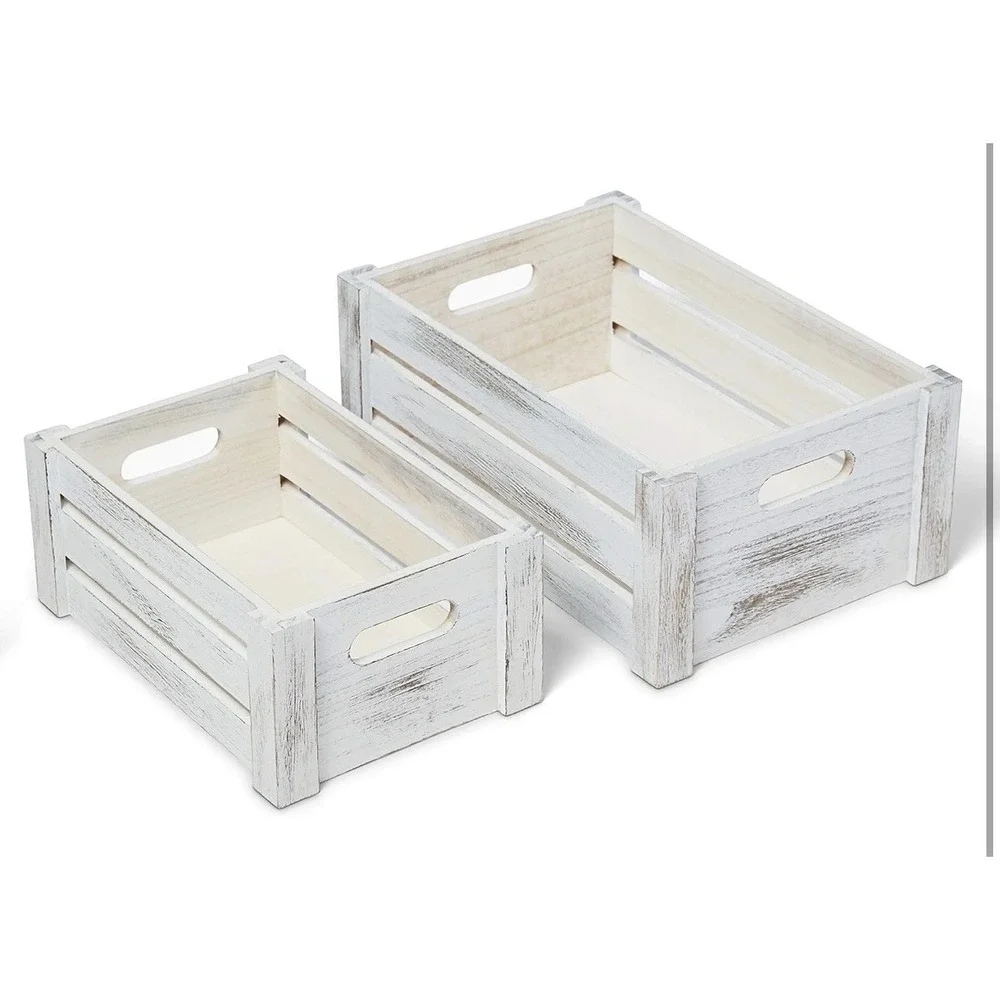 Farmhouse Wooden Crate Set | Whitewashed Nesting Storage Boxes Set of 2